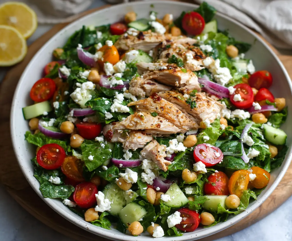 Fresh Chicken & Chickpea Power Salad featuring mixed greens, cherry tomatoes, and a lemon vinaigrette.