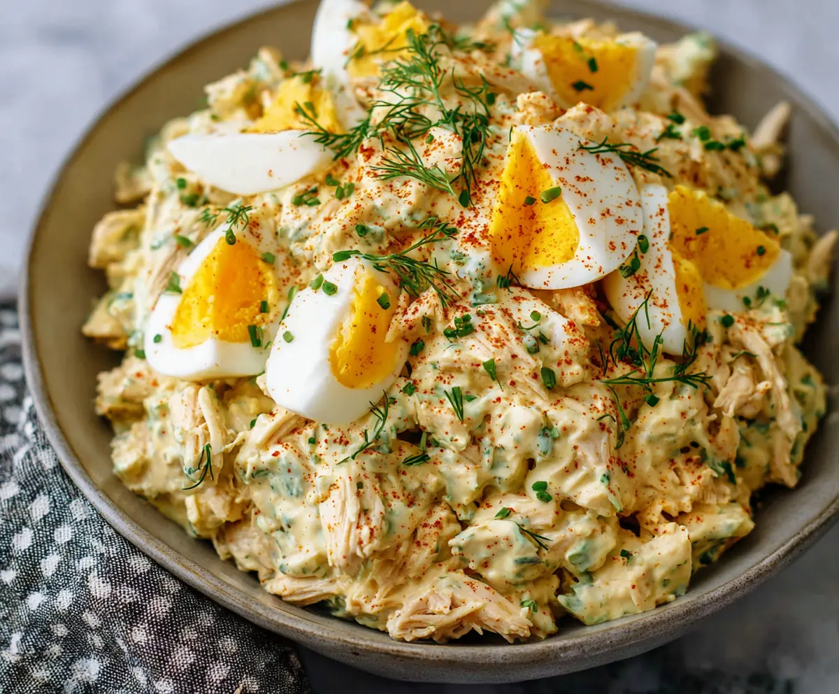 Healthy high-protein chicken and egg salad served on a white plate with fresh greens.
