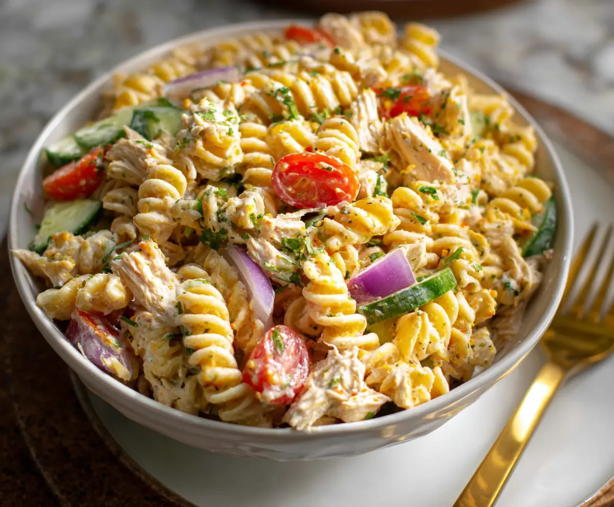 Creamy cottage cheese chicken pasta salad with fresh herbs and vegetables.