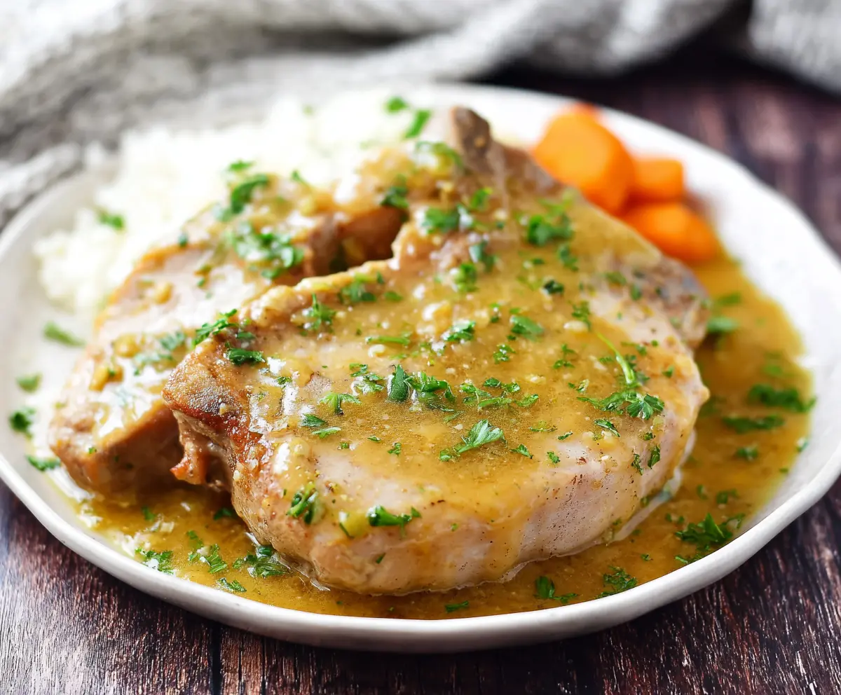 Juicy Crock Pot Ranch Pork Chops served with cooked vegetables on a rustic plate.