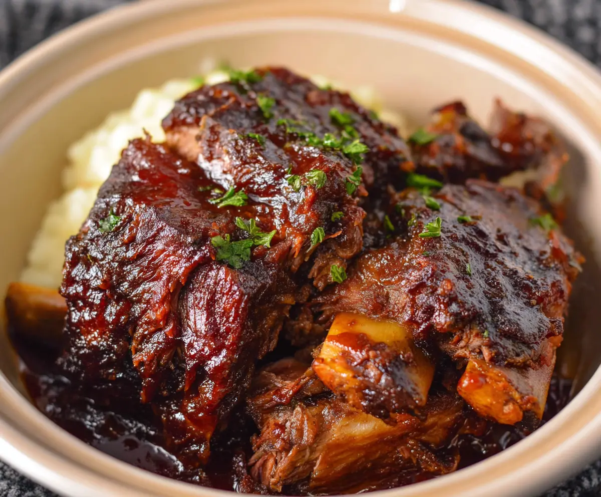 Juicy Crockpot BBQ Beef Ribs served with barbecue sauce and fresh herbs.