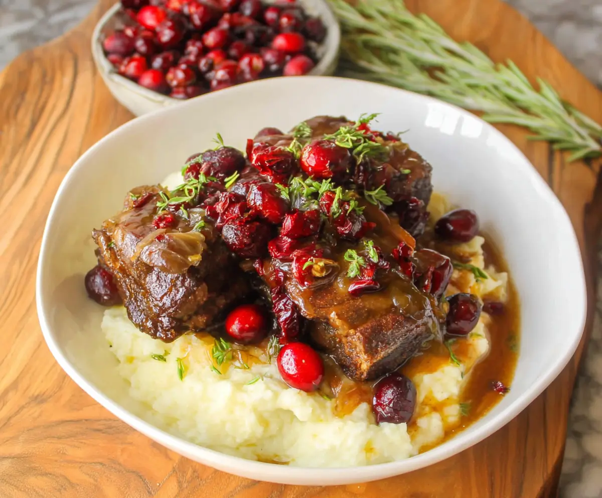 Tender Crockpot Cranberry Beef Short Ribs served with fresh herbs and vegetables