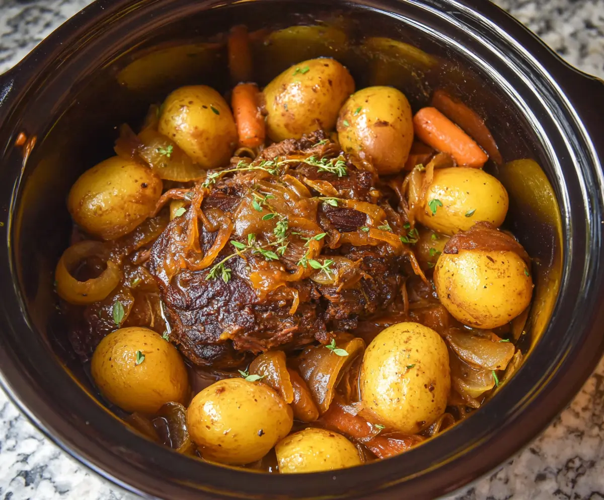 Hearty Crockpot French Onion Pot Roast with caramelized onions and tender beef in slow cooker.