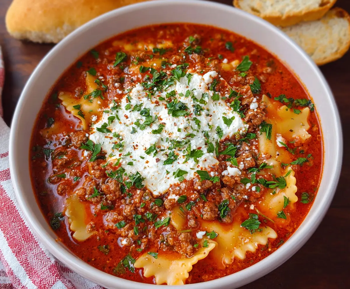 Delicious Crockpot Lasagna Soup in a bowl topped with cheese and herbs, ready to serve.