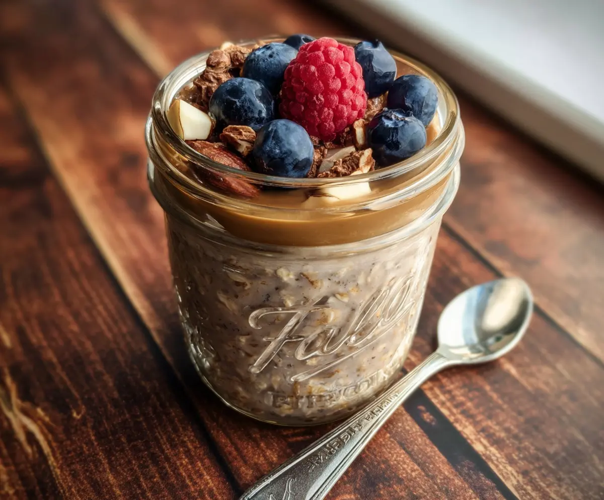 Creamy 'Faux Joe' Coffee Overnight Oats in a glass jar with coffee beans and oats on a rustic wooden table.