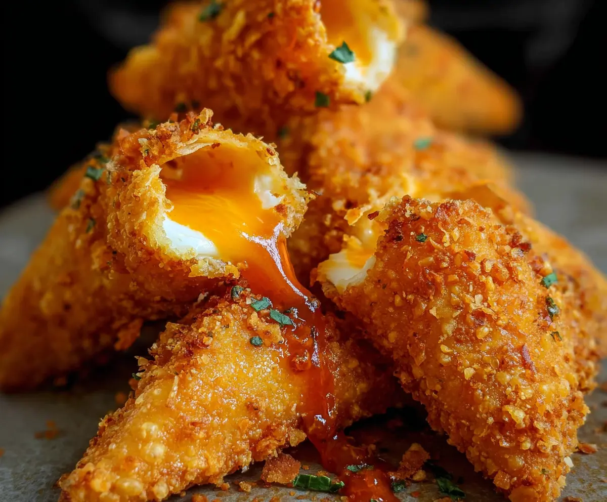 Crispy fried cheese stuffed Doritos served with dipping sauce on a plate.