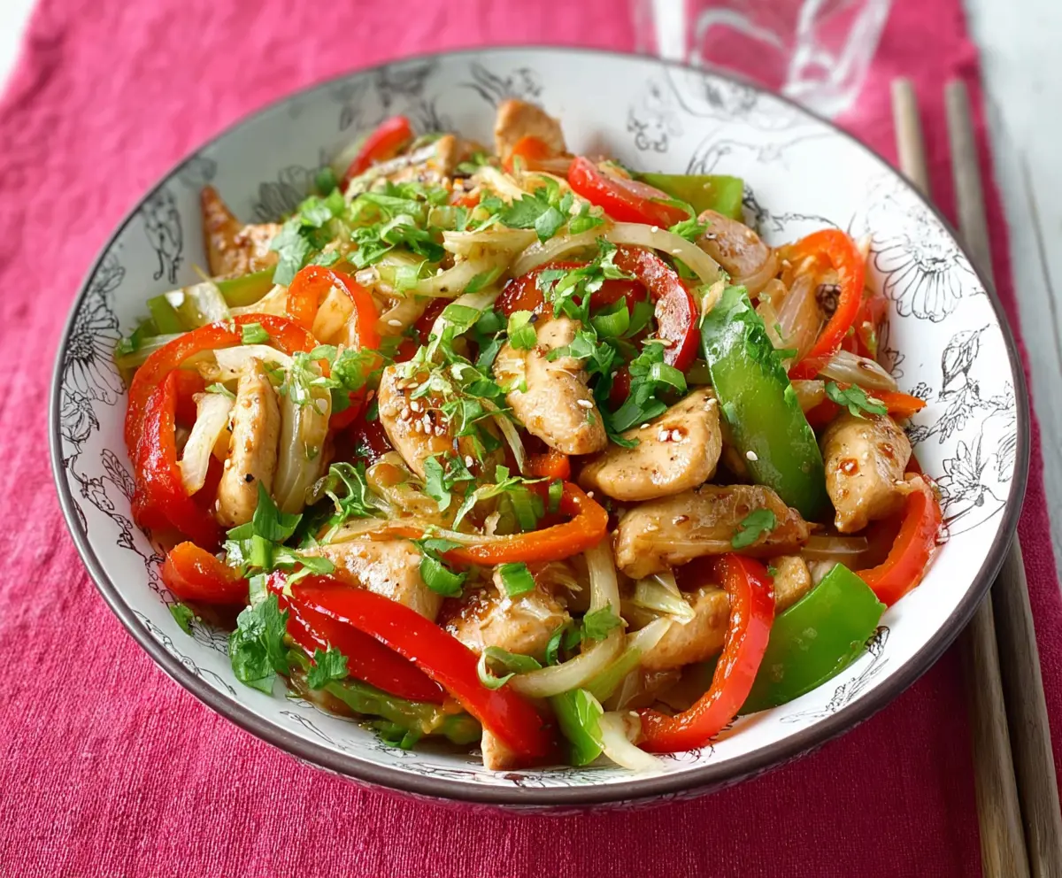 Delicious garlic chicken stir fry with vegetables served on a plate, showcasing a flavorful and colorful Asian-inspired dish.