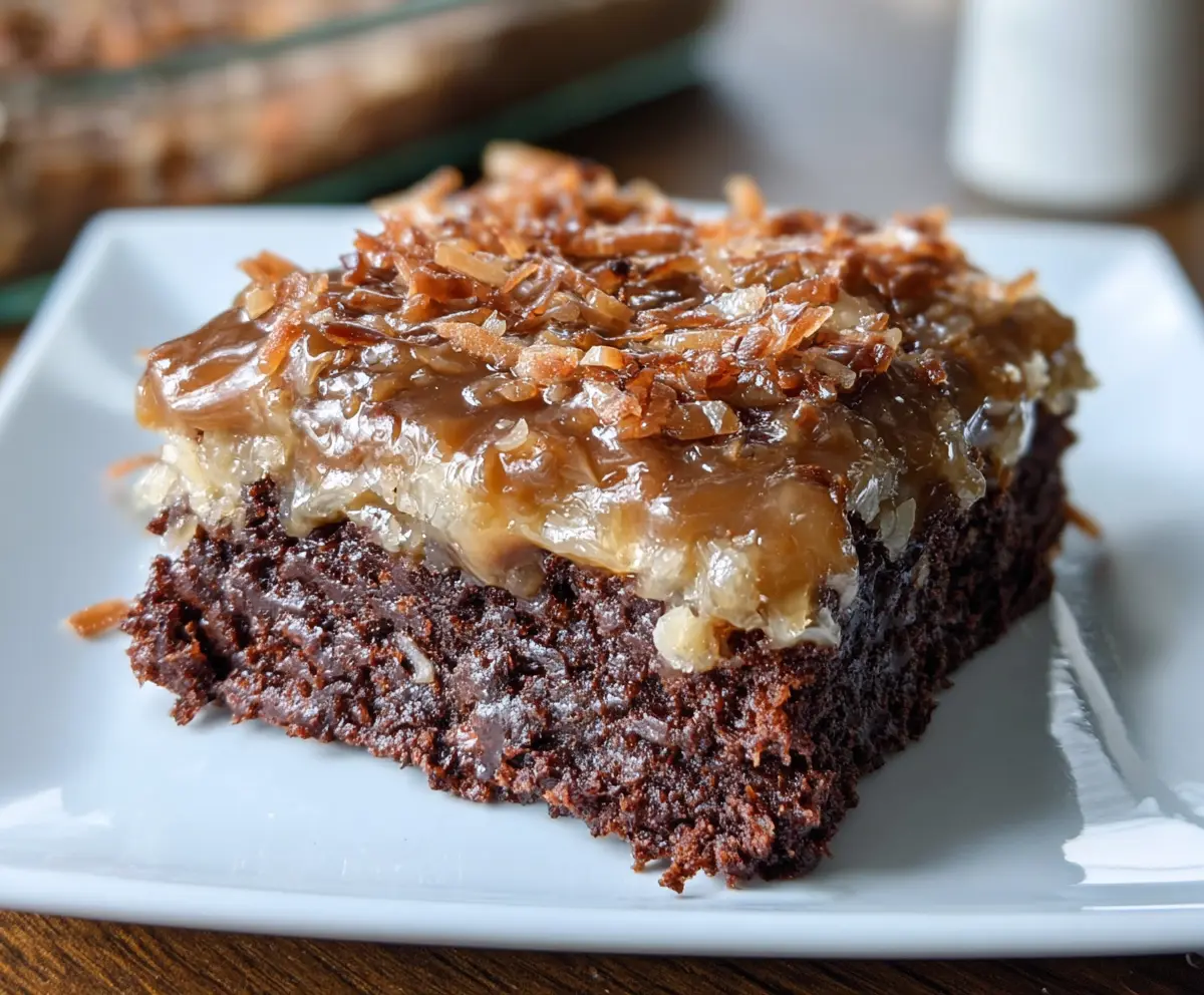 Delicious German Chocolate Sheet Cake with rich chocolate frosting and caramel coconut topping