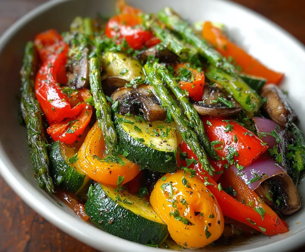 Colorful plate of healthy sautéed vegetables including bell peppers, broccoli, and carrots.