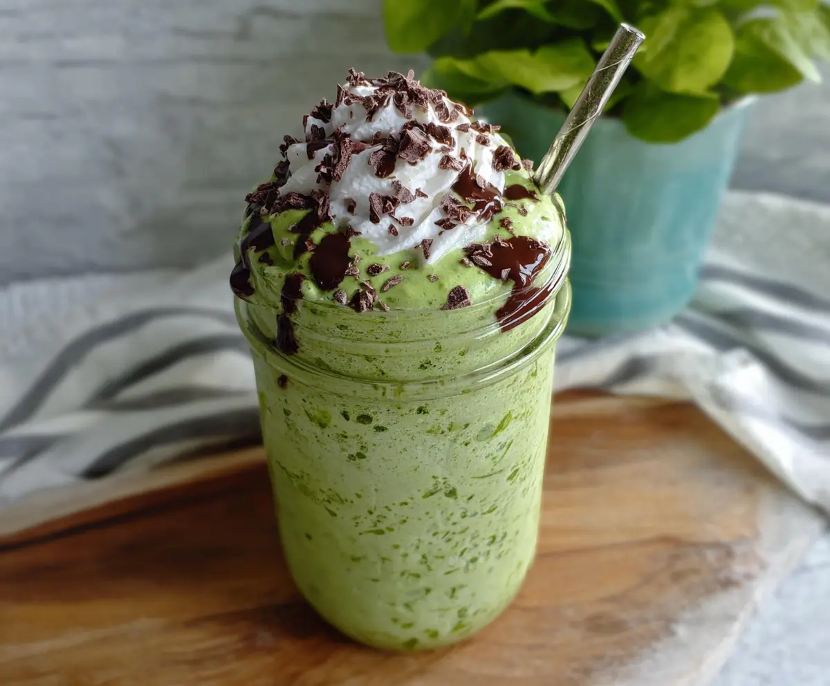 Healthy high protein shamrock shake in a glass with whipped cream and green garnish