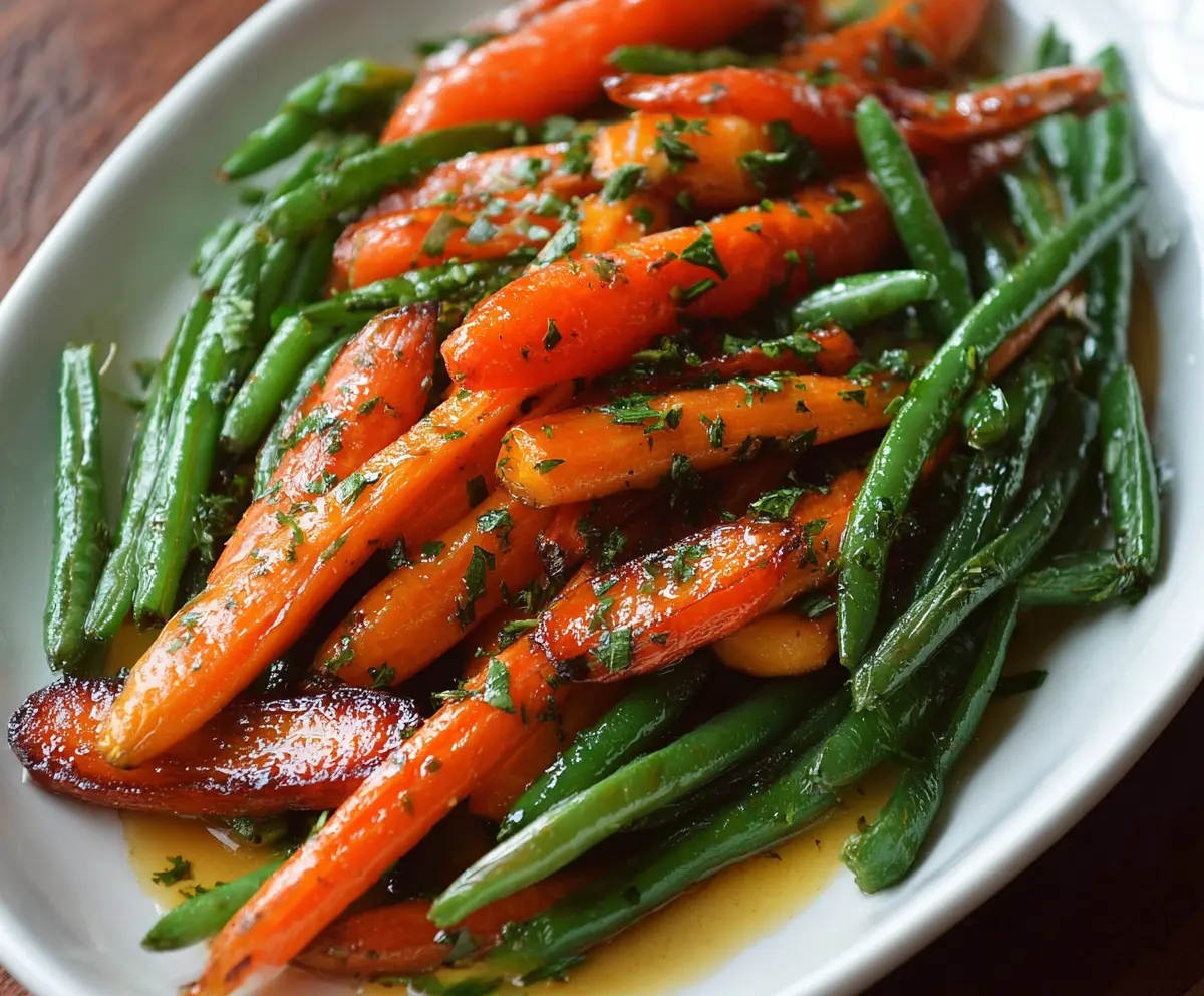 Delicious honey glazed carrots and green beans served on a plate for a healthy side dish.