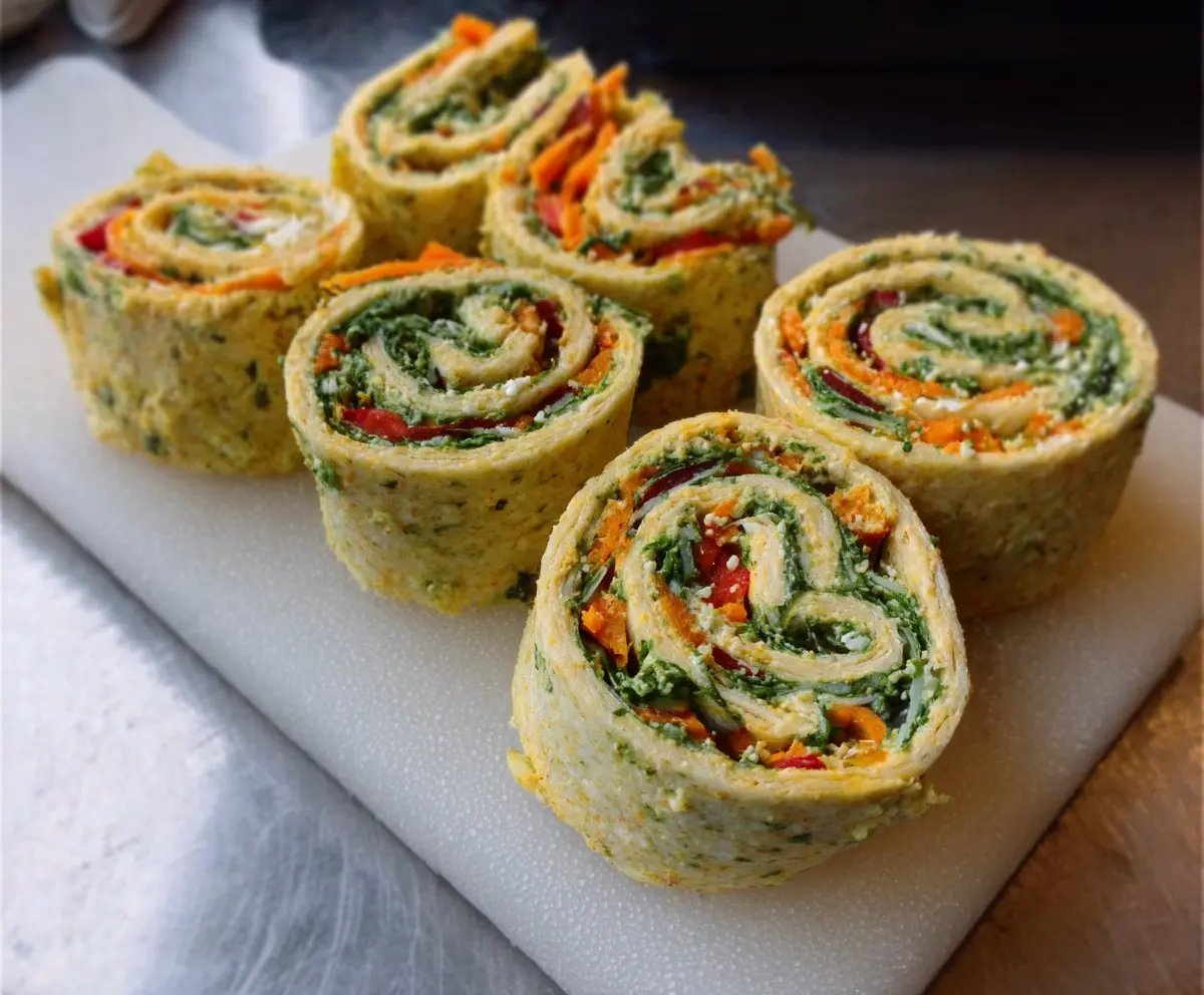 Delicious hummus veggie pinwheels with colorful sliced vegetables perfect for healthy snacks.