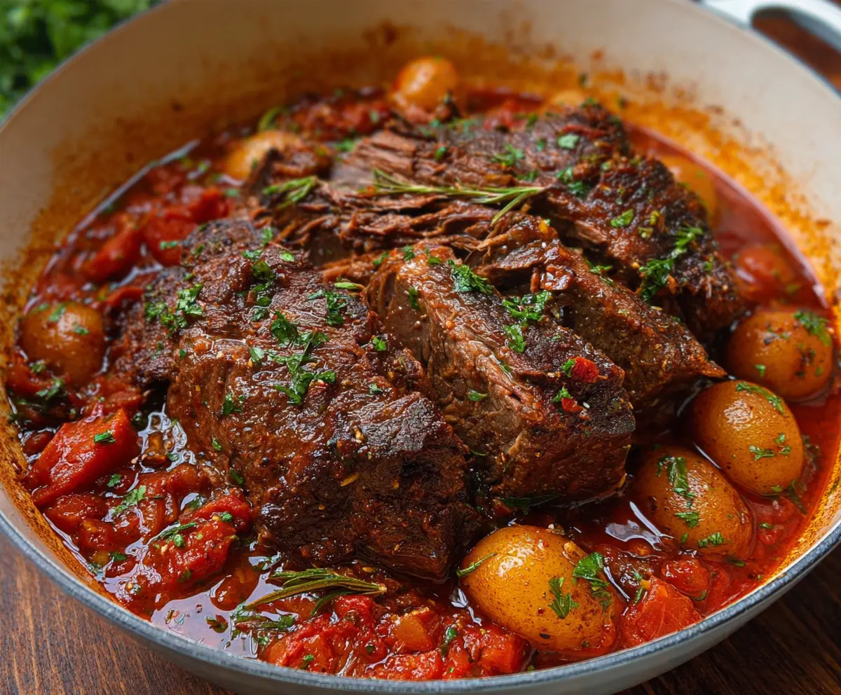 Delicious Italian Pot Roast (Straccato) served with savory herbs and tender vegetables on a rustic plate.