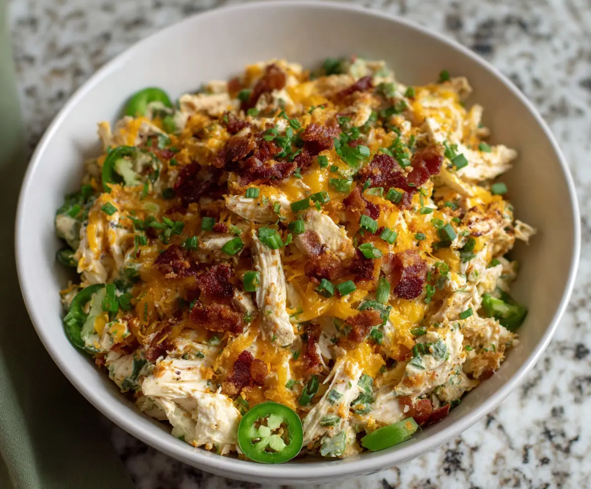 Creamy Jalapeño Popper Chicken Salad with melted cheese and fresh jalapeños served in a bowl.