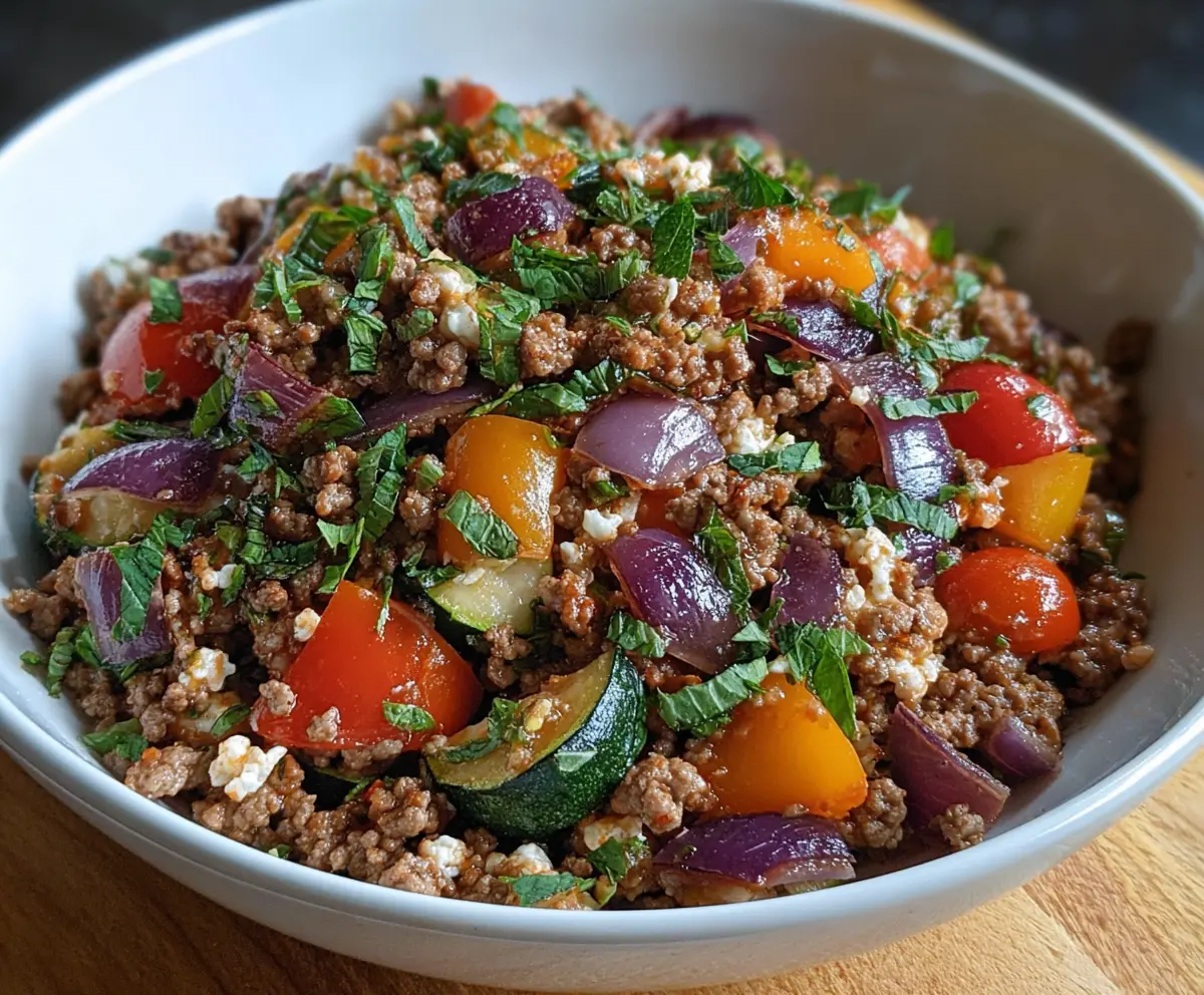Delicious Mediterranean ground beef stir-fry with colorful vegetables and herbs on a white plate.
