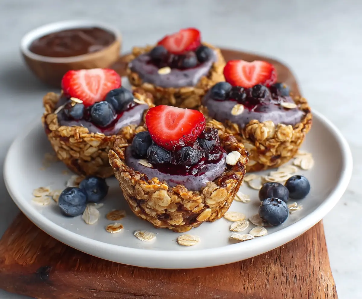 Delicious oatmeal cups topped with vibrant acai yogurt and fresh fruit.