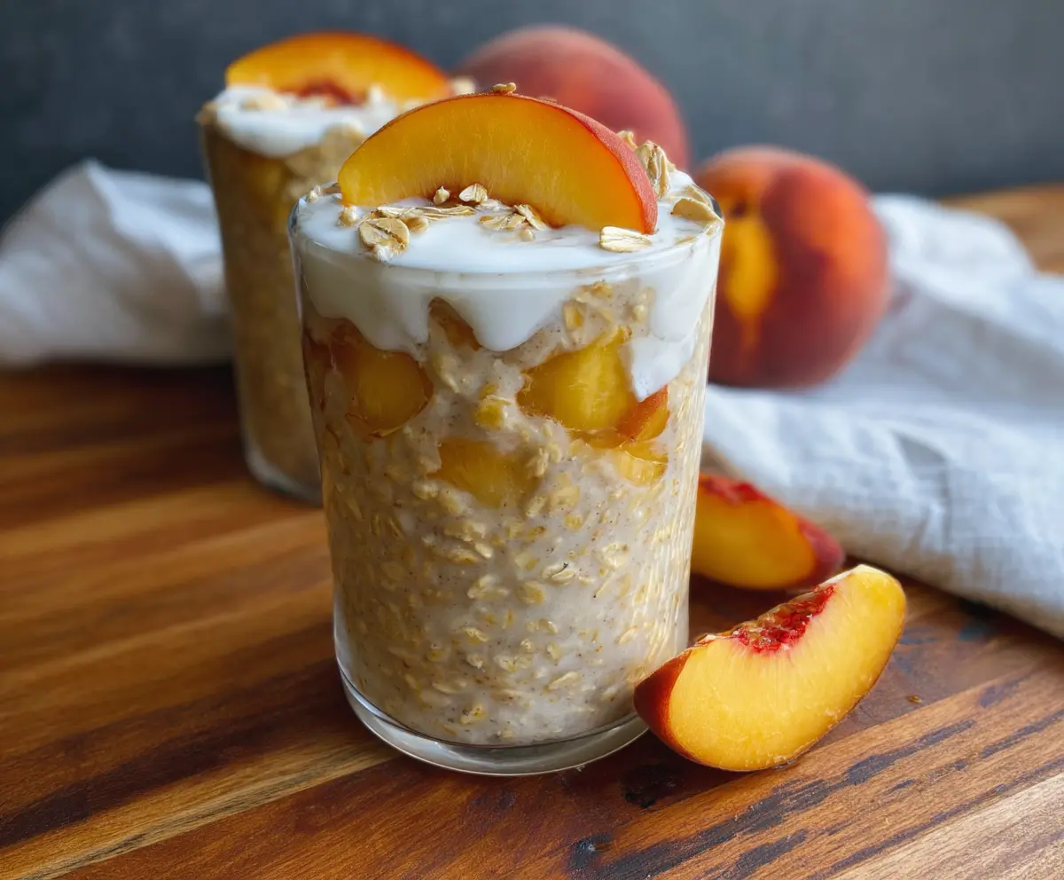 Delicious Peaches & Cream Overnight Oats in a glass jar with fresh peach slices and creamy topping