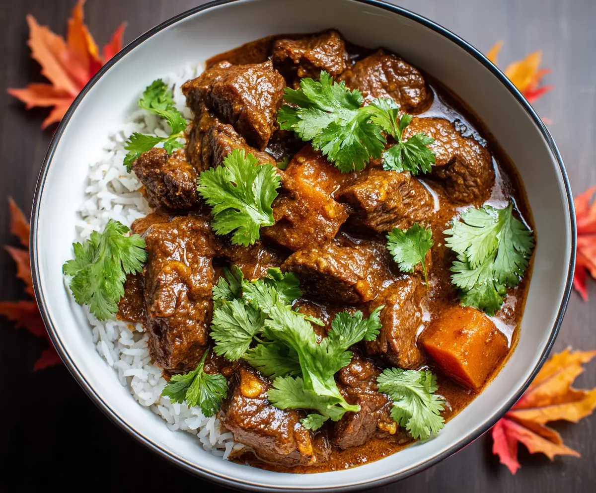 Delicious slow cooker beef coconut curry served in a bowl with rice and vegetables
