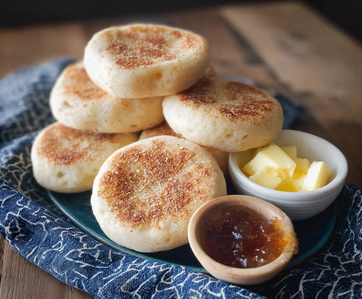 Golden toasted sourdough English muffins sliced open with butter and jam on a rustic wooden table.
