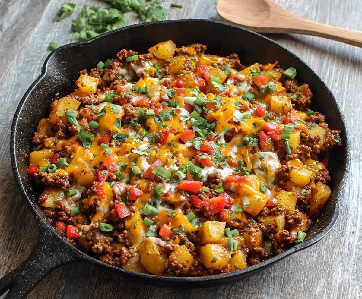 Delicious Southwest Ground Beef and Potato Skillet served in a skillet with vibrant vegetables.