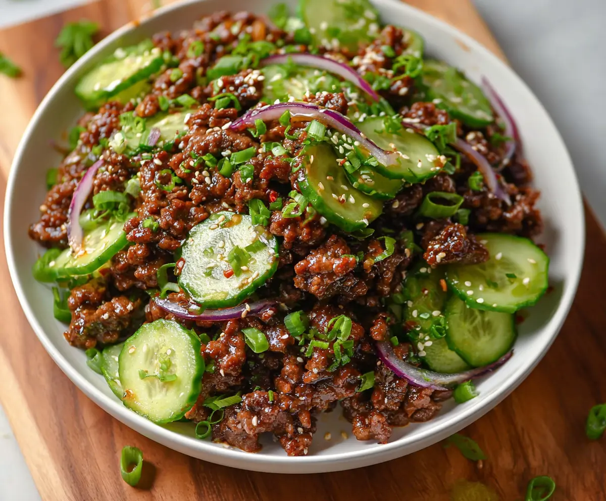 Spicy Keto Korean Ground Beef with Cucumber Salad