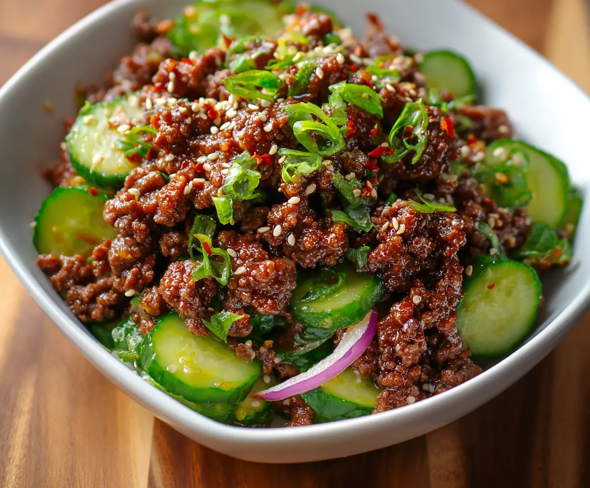 Delicious spicy keto Korean ground beef served with fresh cucumber salad for a healthy low-carb meal.