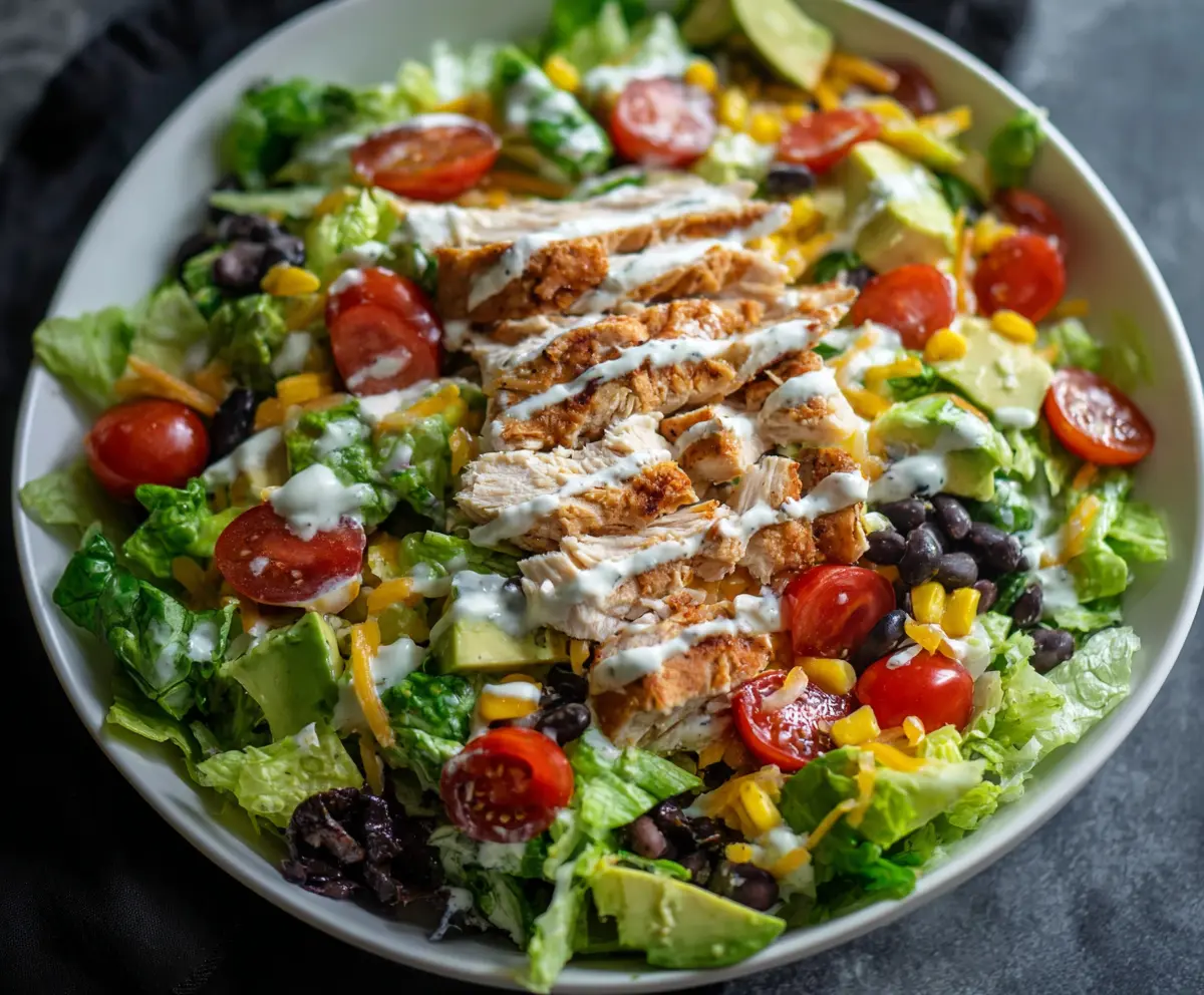 Colorful Taco Chicken Salad with fresh lettuce, tomatoes, cheese, and grilled chicken in a vibrant bowl