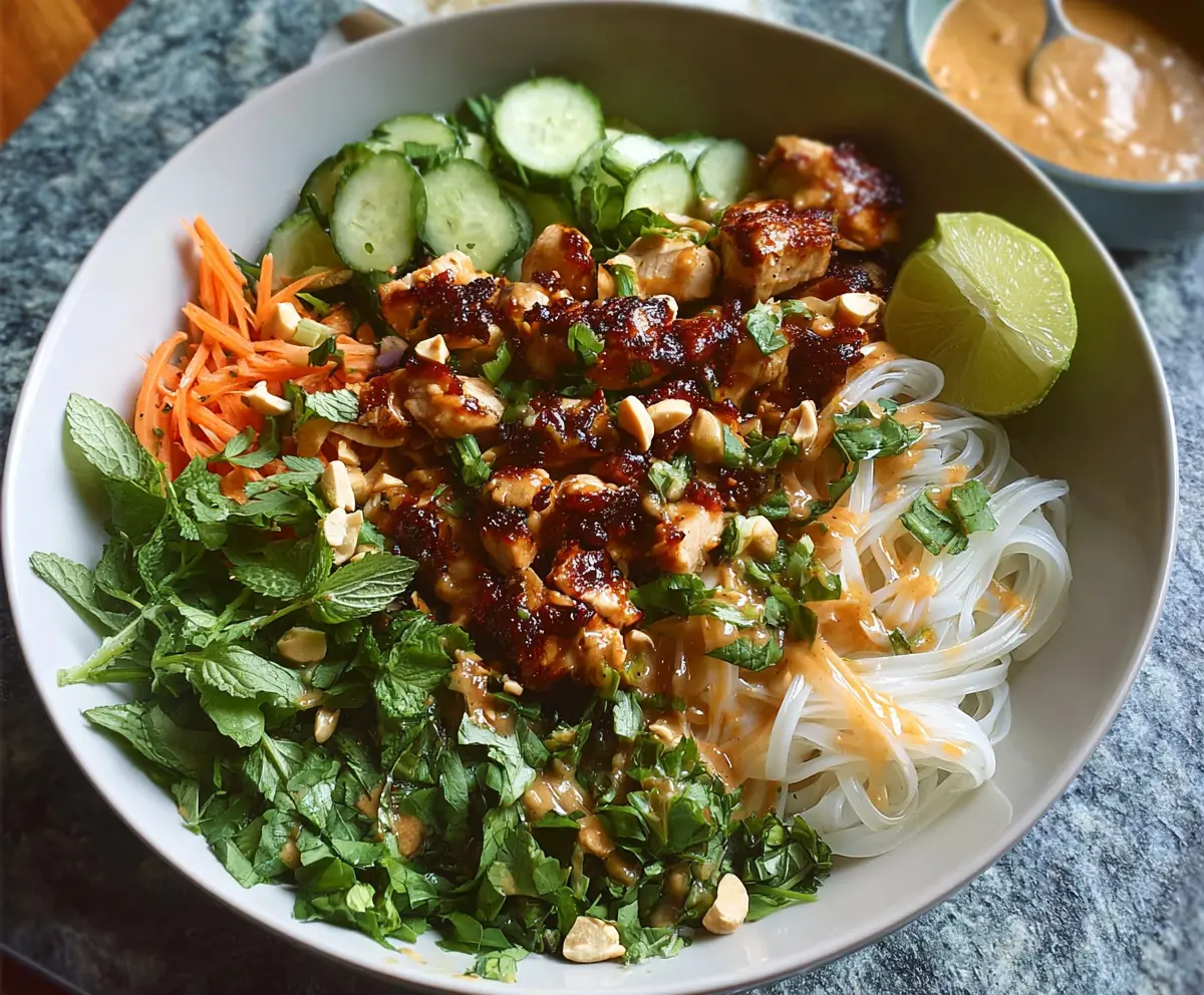 Delicious Thai Peanut Chicken Noodle Bowls featuring tender chicken, fresh vegetables, and creamy peanut sauce in a vibrant bowl.