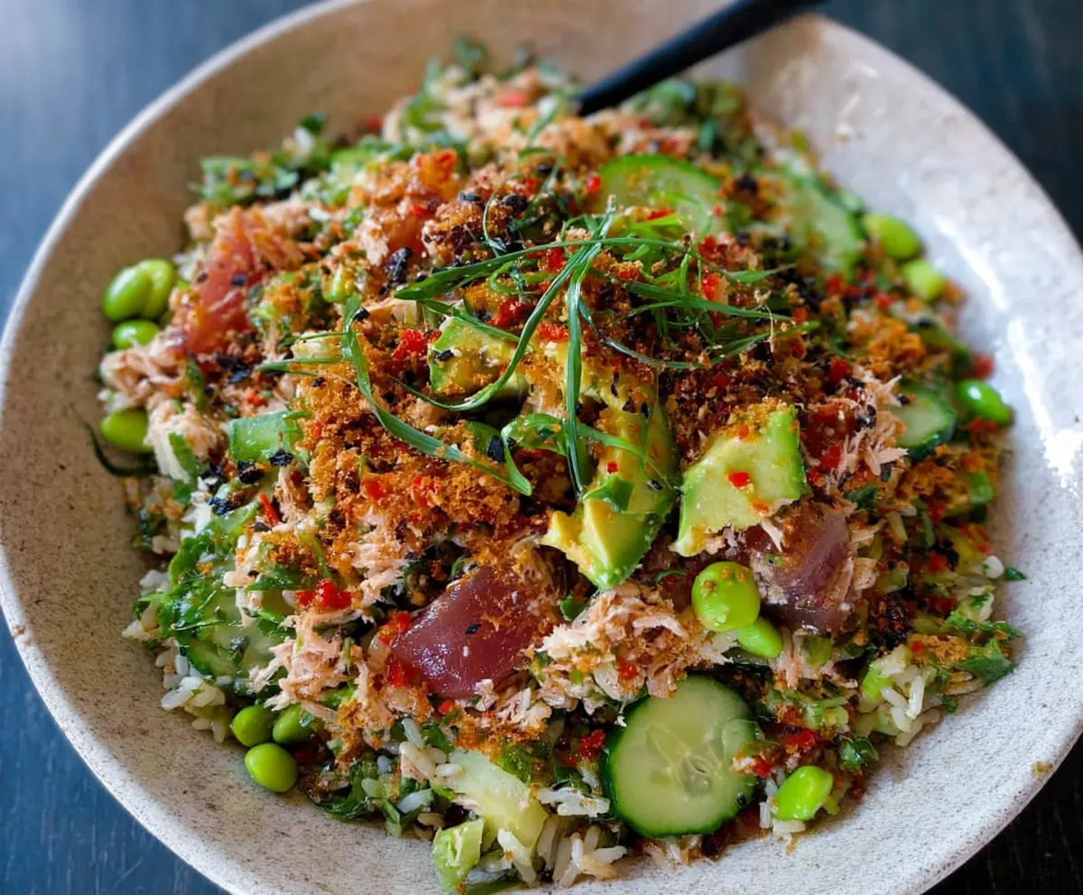 Delicious Tuna Avocado Crispy Rice Salad with fresh ingredients and vibrant presentation.