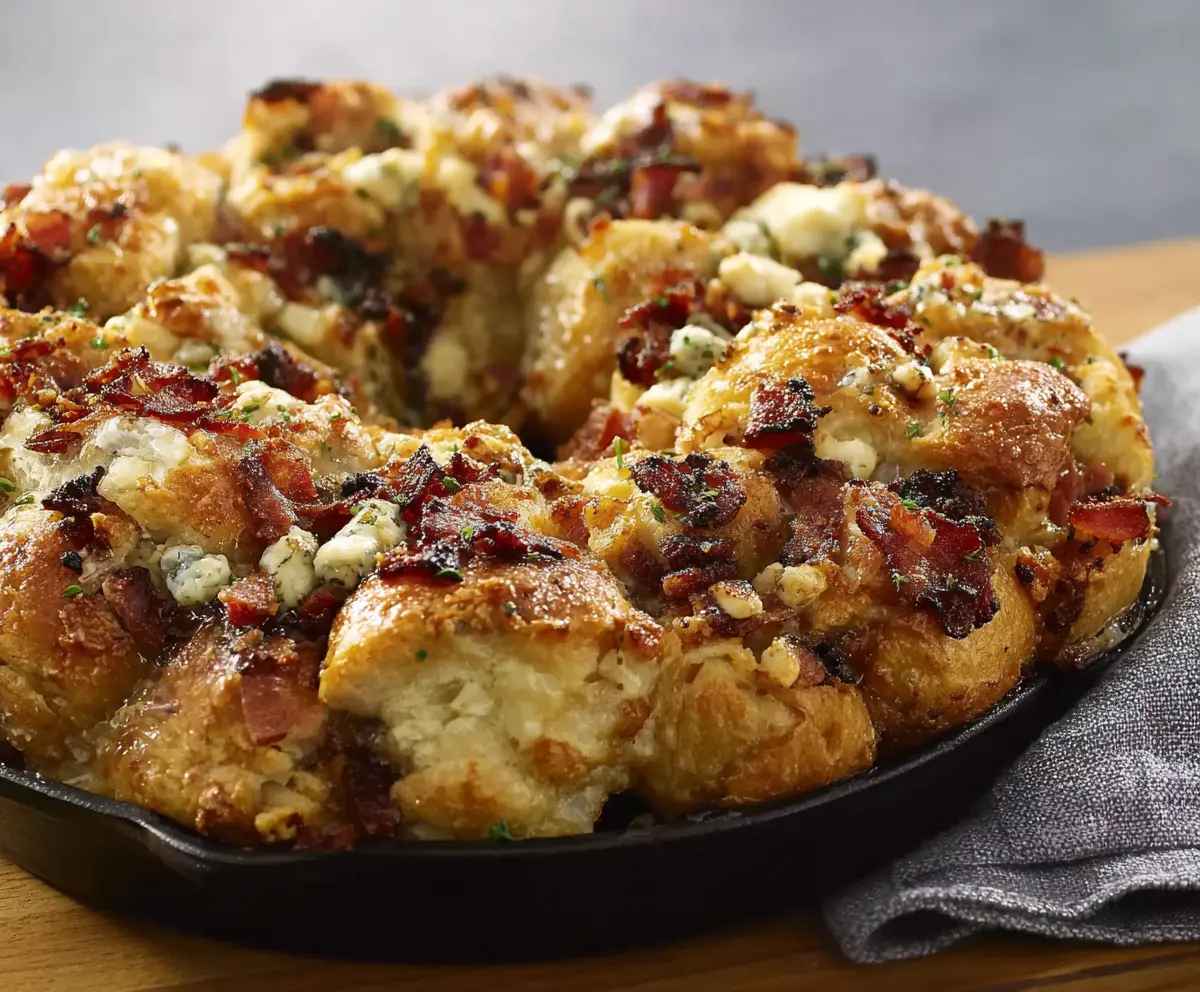 Delicious Bacon Gorgonzola Pull Aparts with crispy bacon and melted gorgonzola cheese in a savory pull-apart bread.