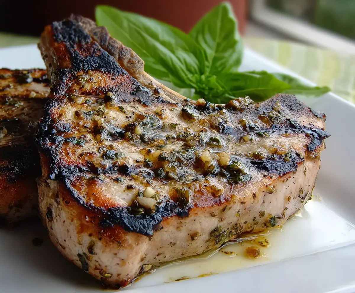 Juicy basil-garlic grilled pork chops garnished with fresh herbs on a white plate.