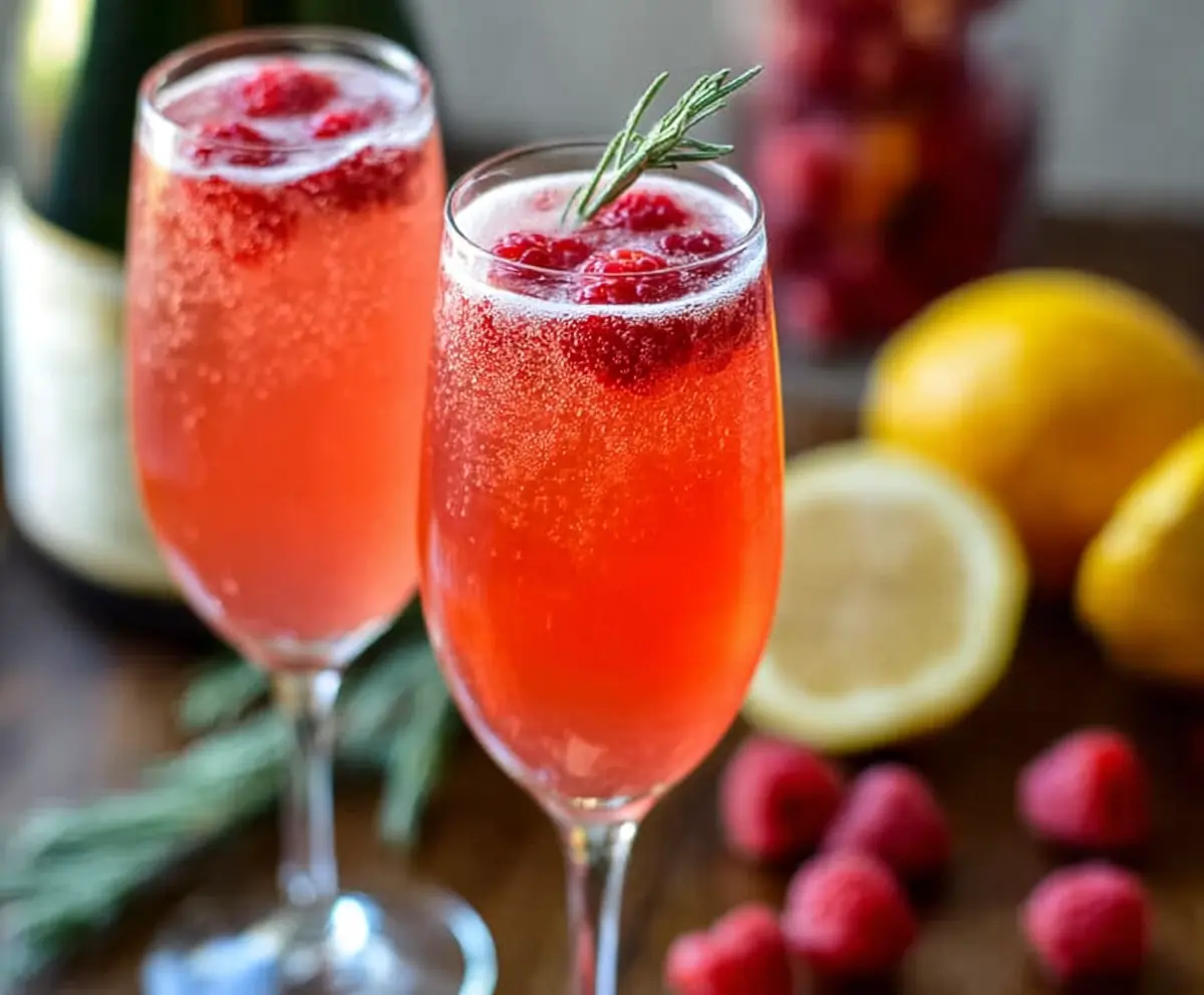 Festive Champagne Punch Bellini in a glass with lemon slices and sparkling bubbles.