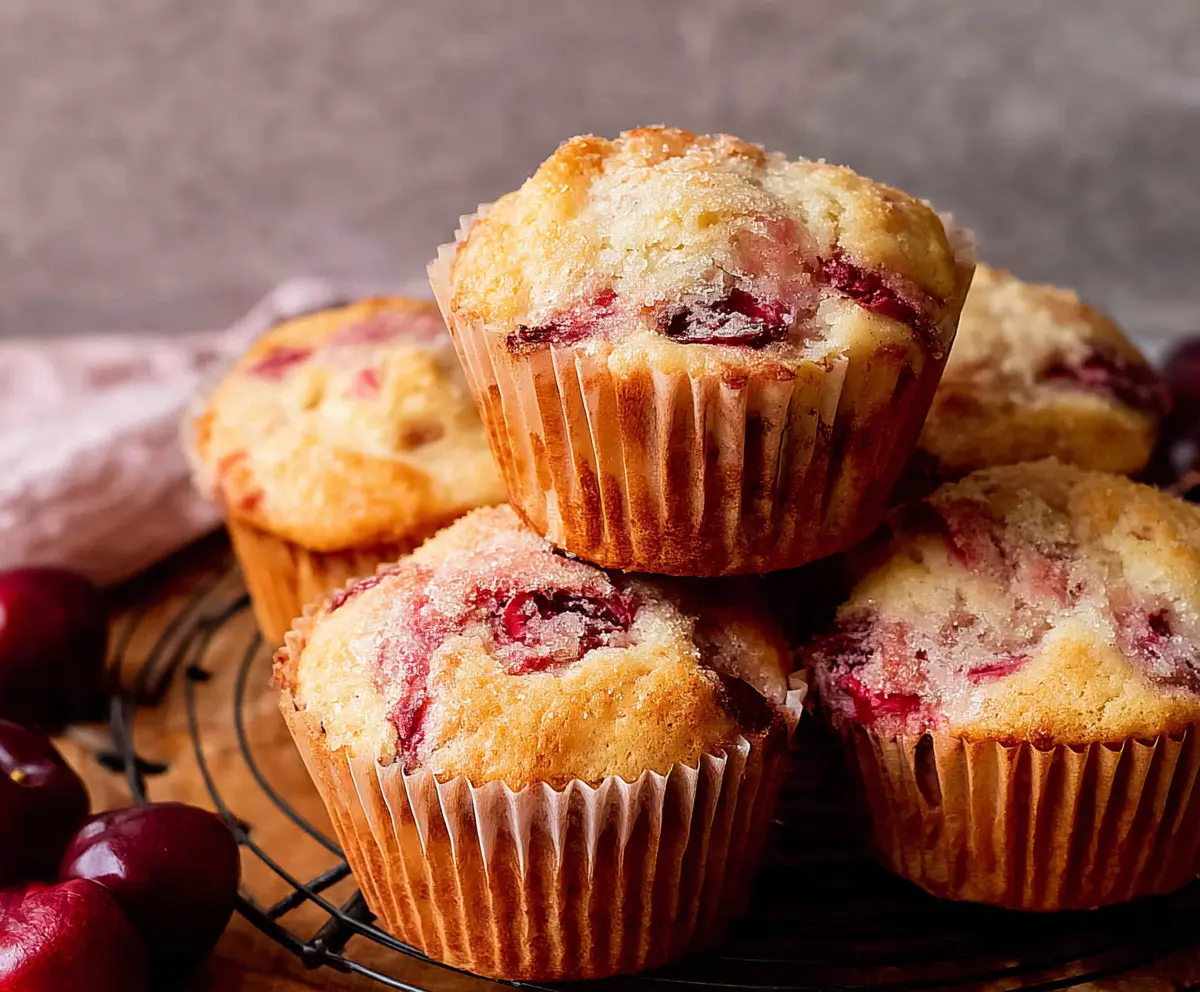 Fresh Cherry Muffins with vibrant red cherries and golden tops, perfect for a quick breakfast or snack.