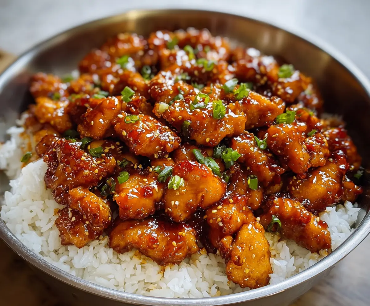 Delicious Chinese Honey Garlic Chicken plated with steamed vegetables on a white dish.