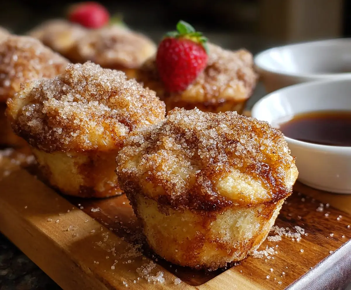 Delicious cinnamon sugar French toast muffins topped with a sprinkle of cinnamon, served on a plate for breakfast.
