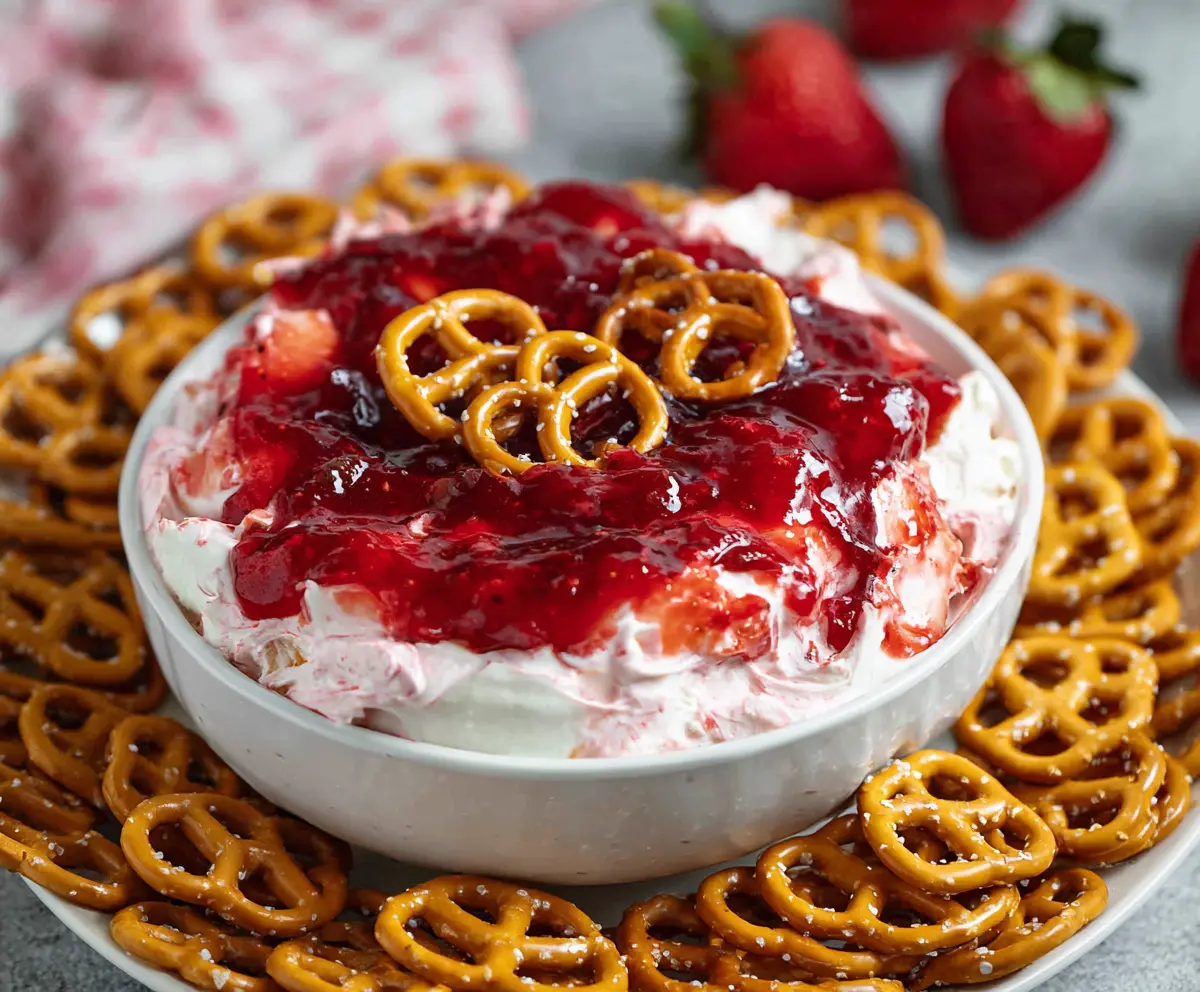 Creamy strawberry pretzel salad dip with fresh strawberries and crushed pretzels for dessert.