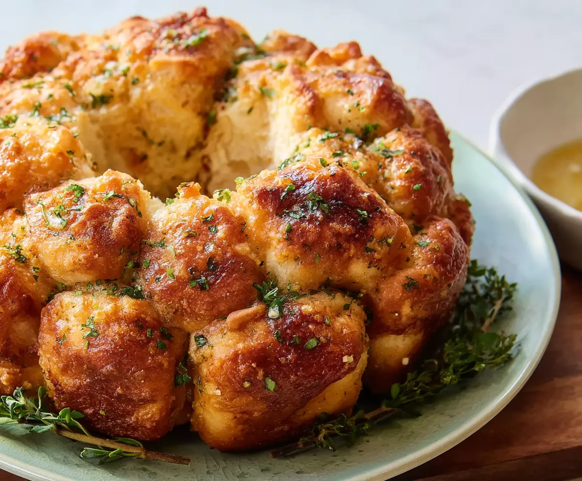Delicious Garlic Parmesan Monkey Bread with melted cheese and fresh herbs on a rustic plate