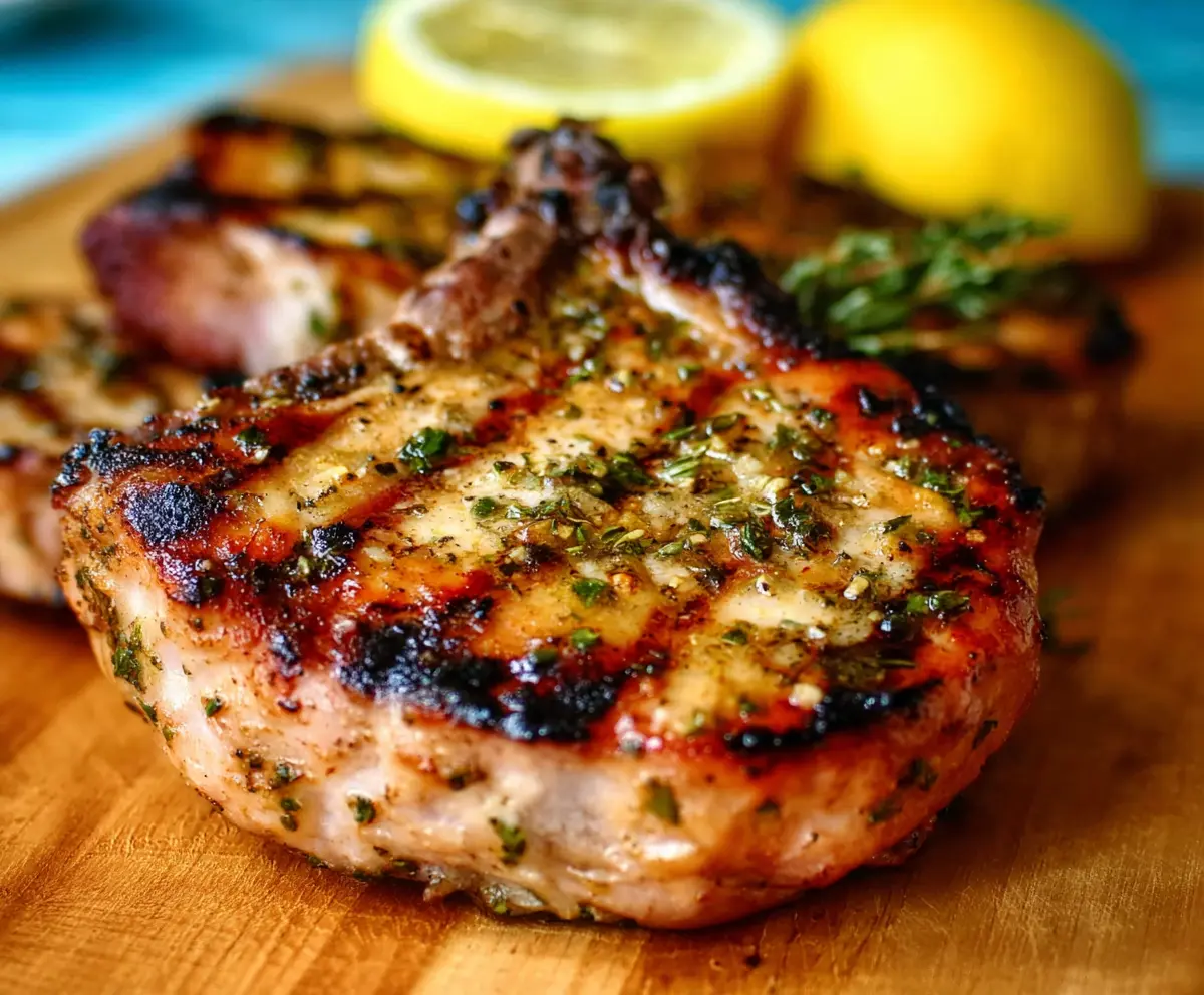 Juicy grilled lemon herb pork chops served on a plate with fresh herbs and lemon wedges.