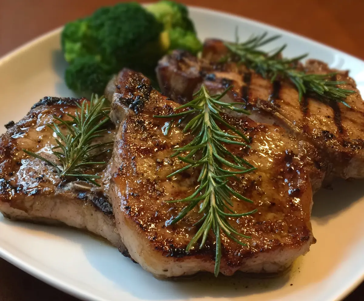 Juicy grilled rosemary pork chops served on a plate with herbs and vegetables