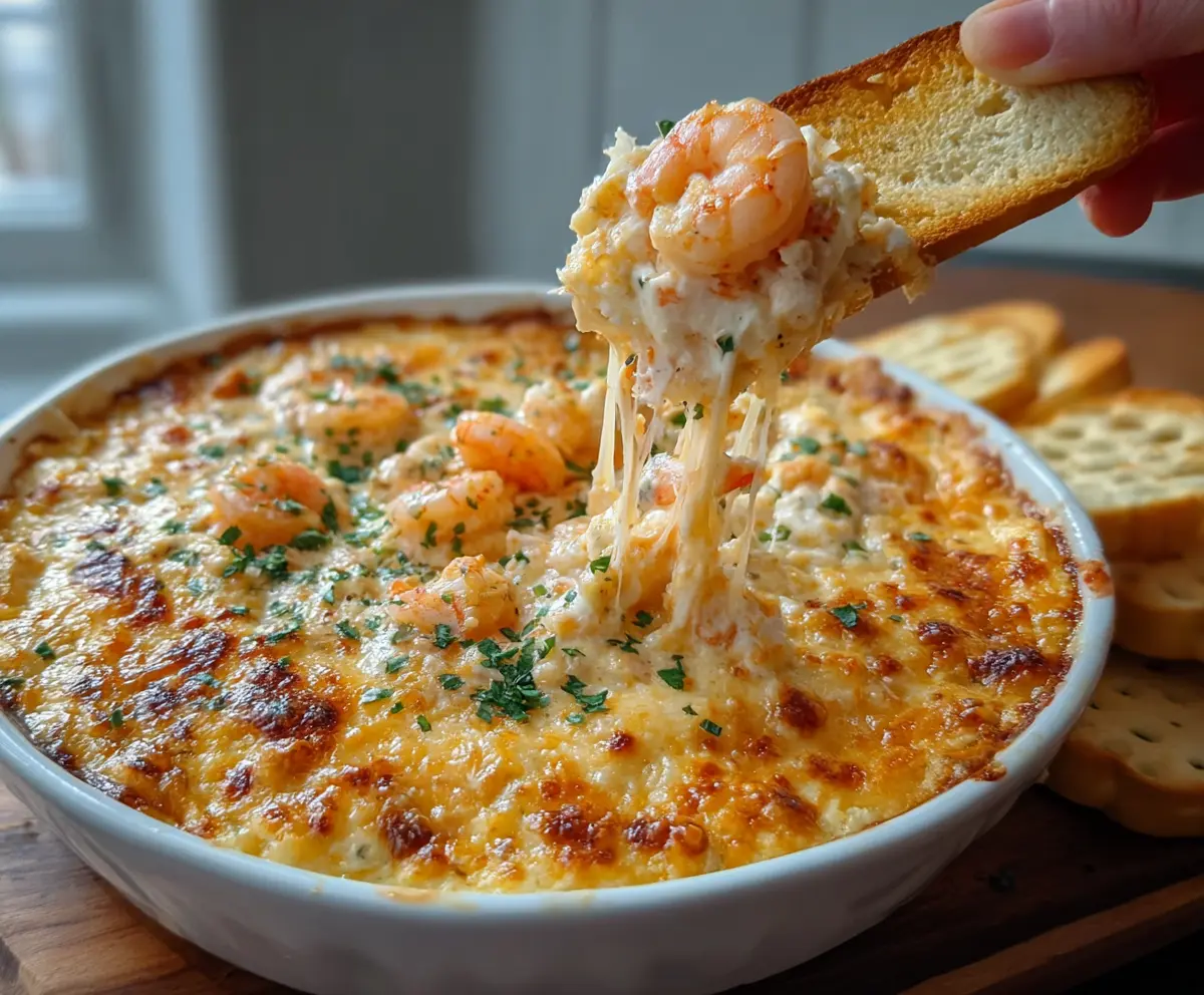 Delicious cheesy shrimp and crab bake dip with melted cheese and garnishes, perfect for seafood appetizers.