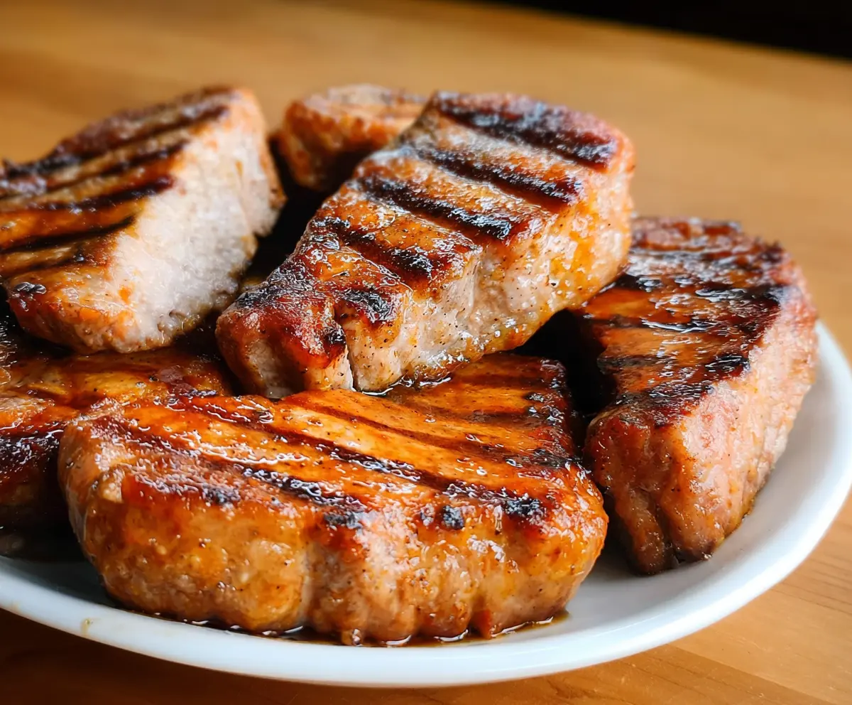 Juicy grilled pork chops on a plate with grill marks and herbs
