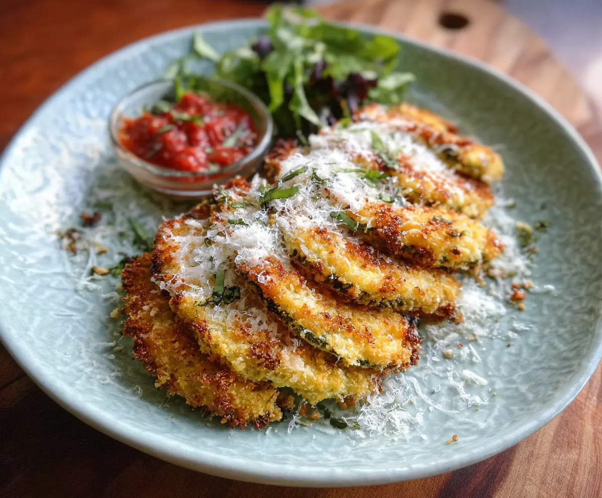 Delicious Low Carb Crispy Eggplant Parmesan served on a plate with fresh basil.