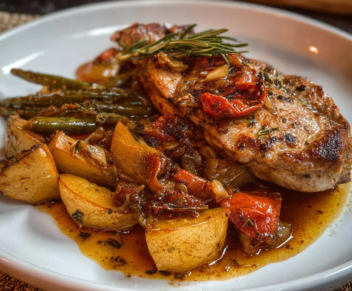 Delicious Mediterranean pork and apples dish served on a plate