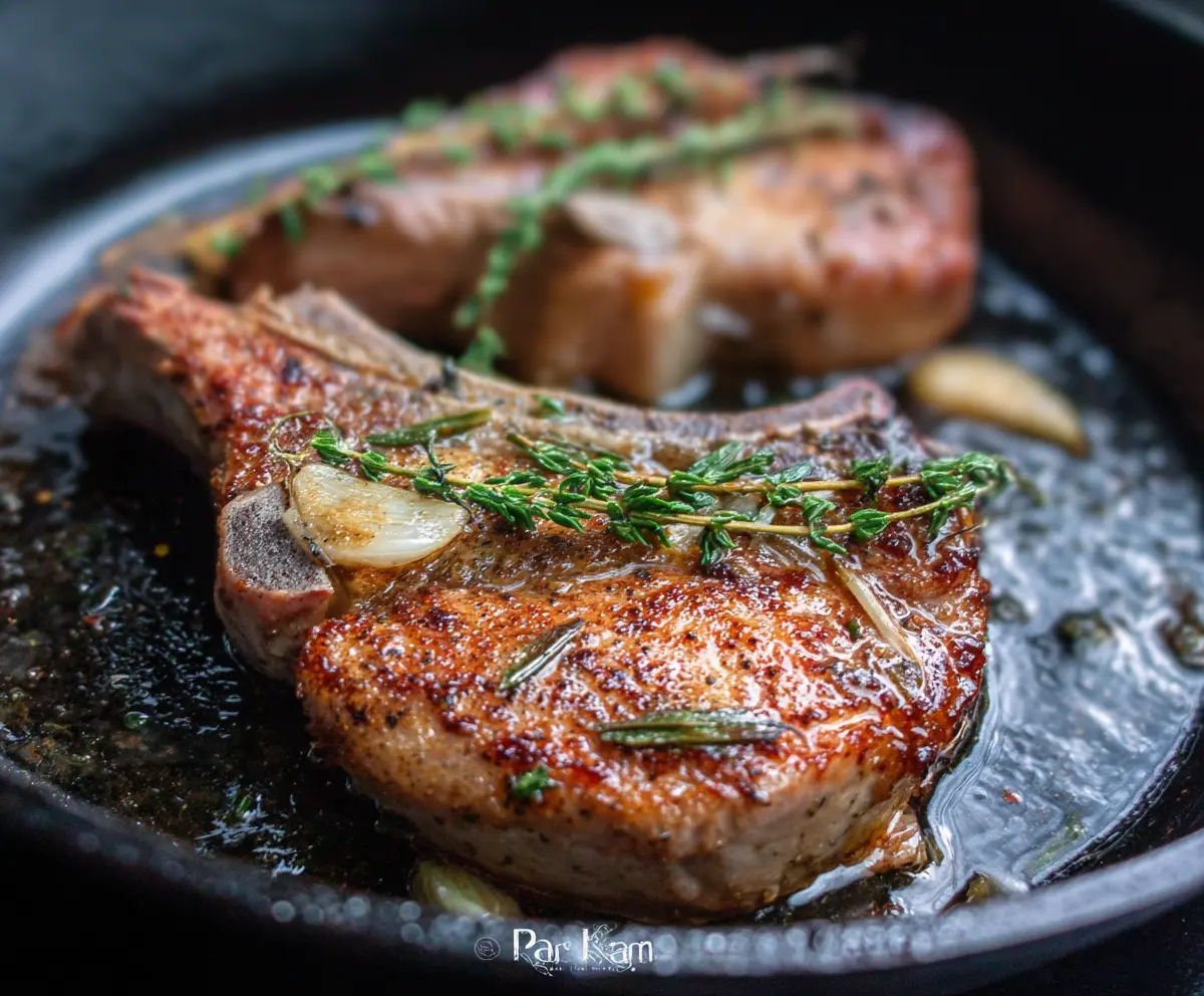 Delicious pan-roasted pork chops garnished with fresh herbs on a rustic plate.