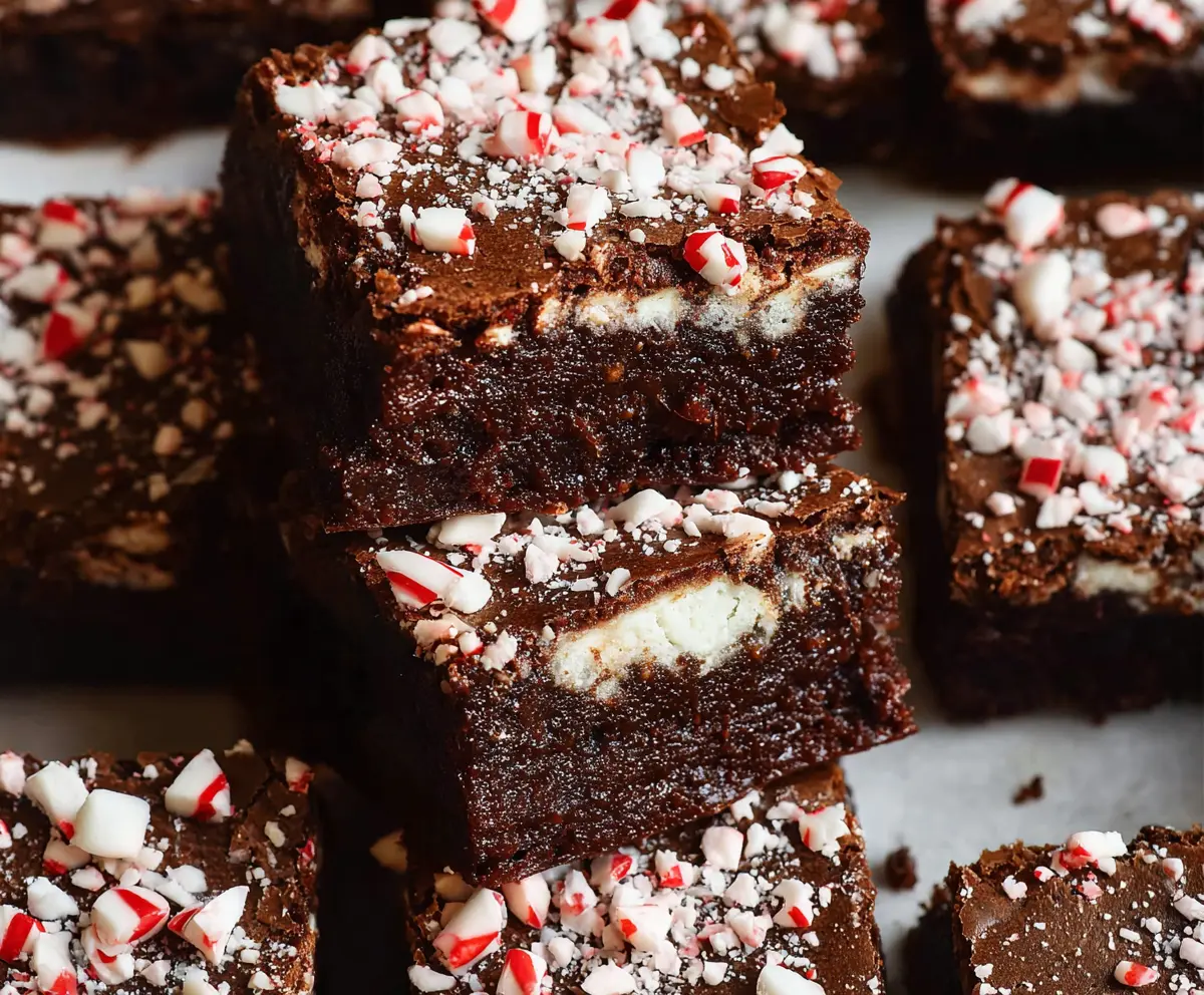 Decadent peppermint brownies with a rich, fudgy texture topped with crushed peppermint candies.