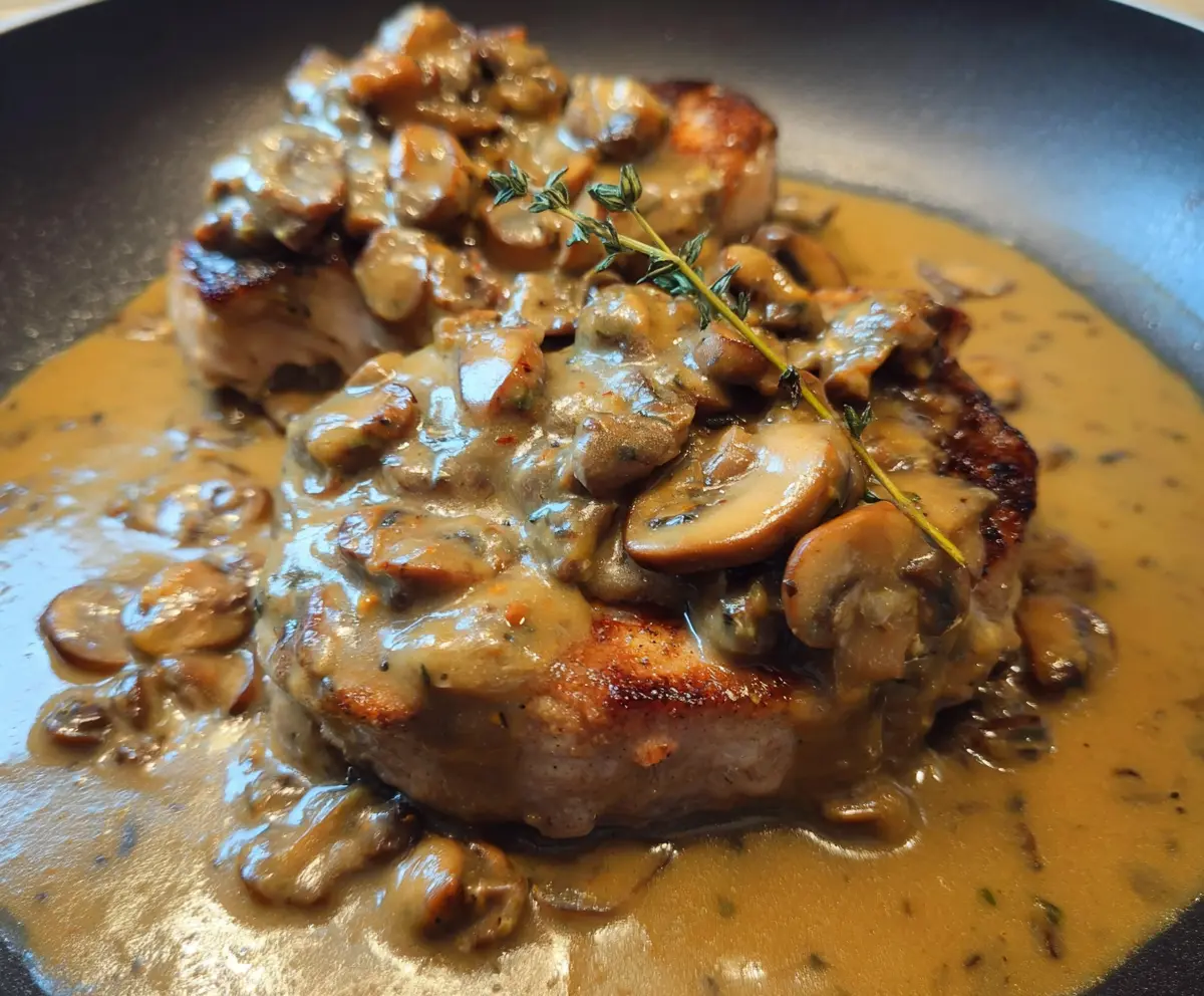Juicy pork chops topped with mushroom and shallot gravy served on a plate.