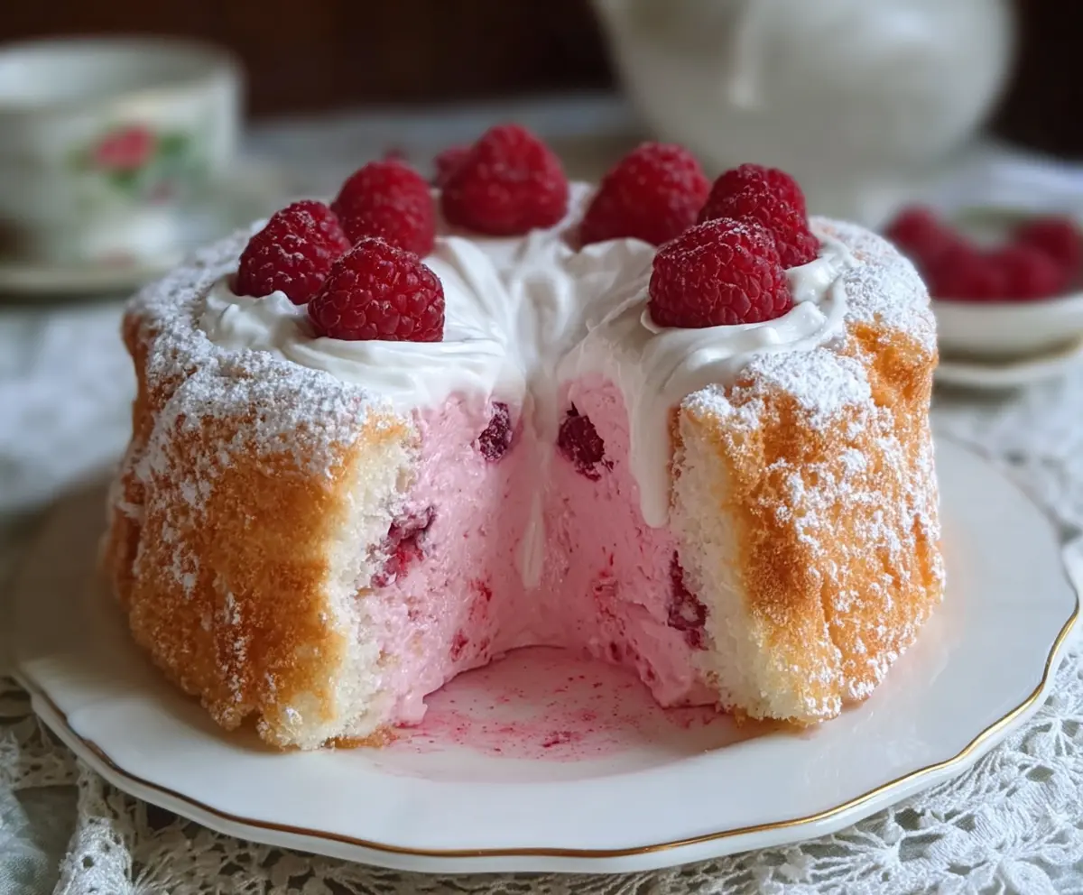 Delicious Raspberry Angel Food Cake topped with fresh raspberries and whipped cream, perfect for dessert.