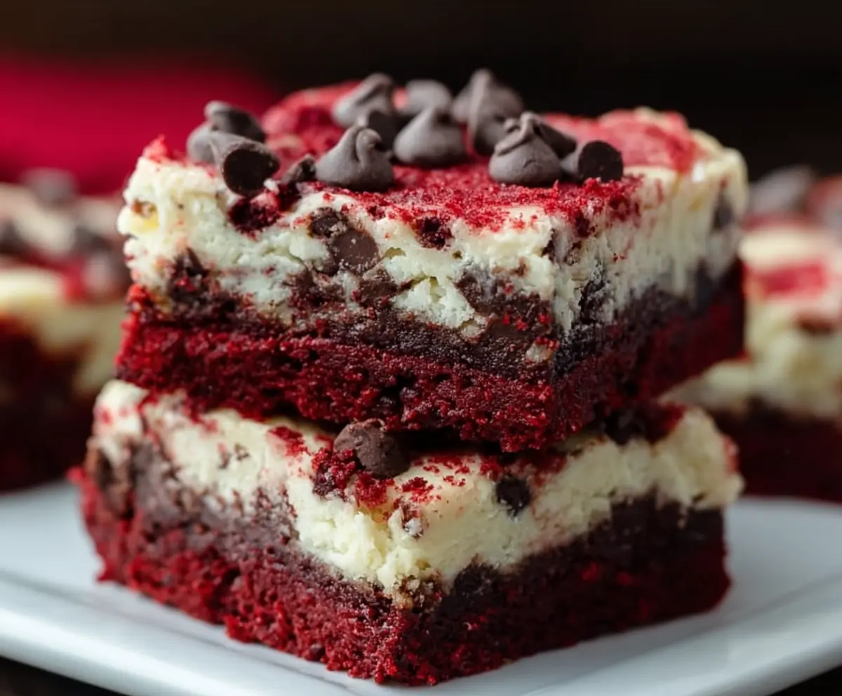 Delicious Red Velvet Cheesecake Bars with Chocolate Chips on a Plate
