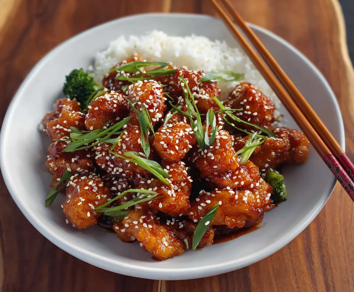 Delicious sesame chicken stir-fry with golden-brown coating and sesame seeds on top.
