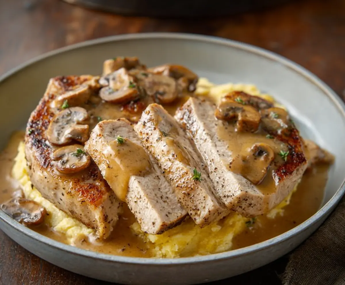 Juicy skillet pork chops topped with rich pan gravy served on a rustic plate.